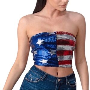 Bear Dance Sequin Strapless Tube Top - Blue, Red & Silver